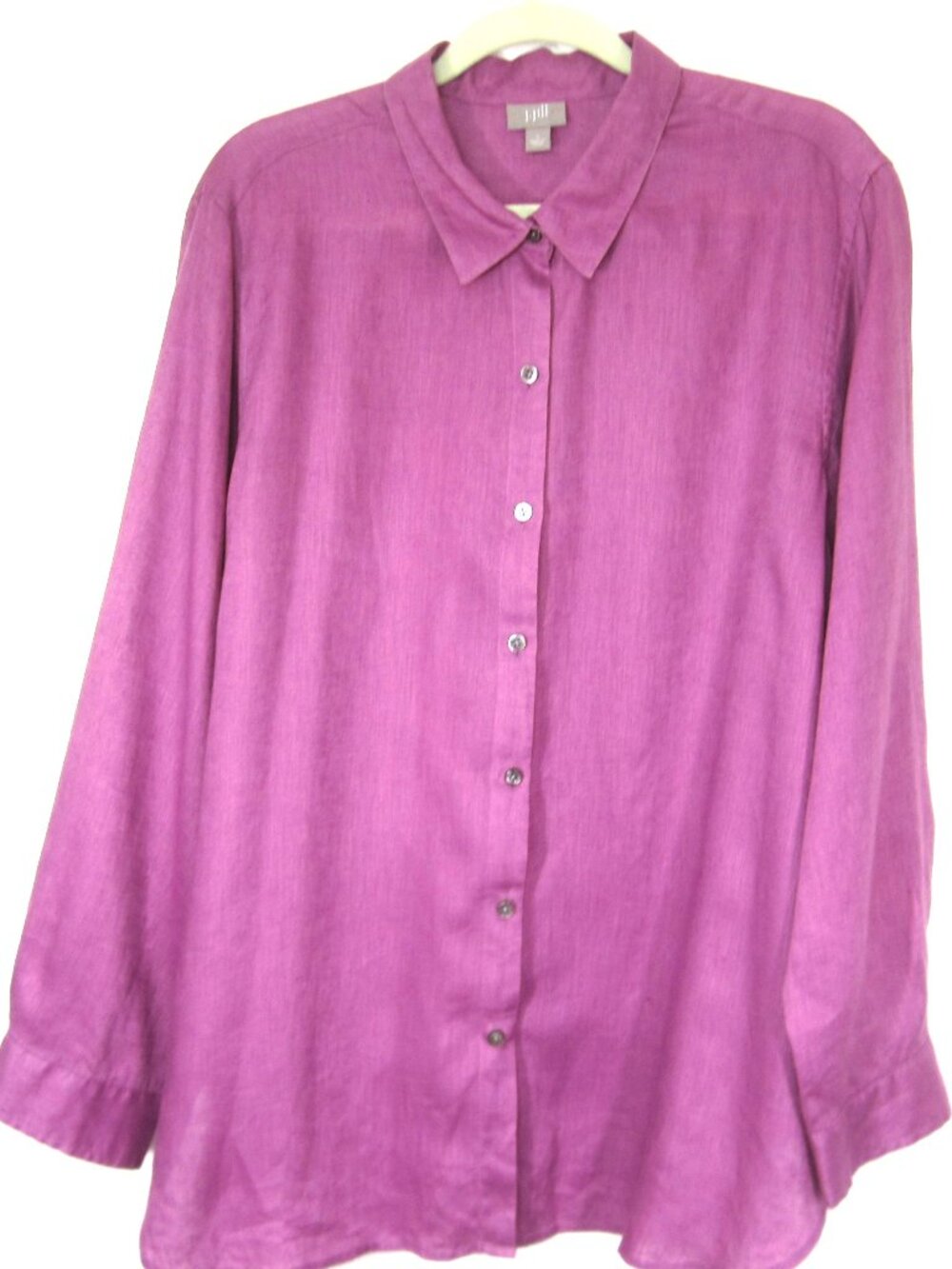 J. Jill 100% Linen Oversize Button Blouse Size L Purple Long Sleeve Collar